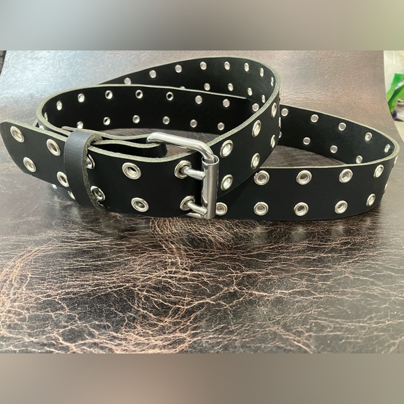 Full Grain Solid Buffalo Leather Double Hole Eyelet/Grommet Belt Silver - Picture 3 of 9